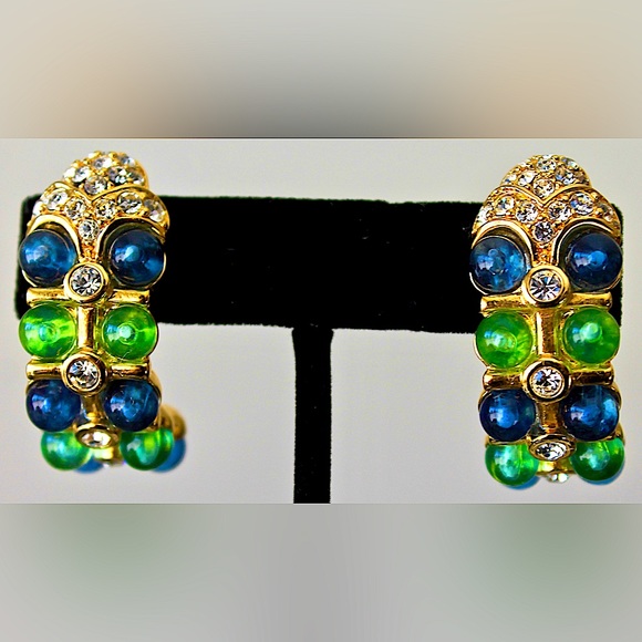 NOLAN MILLER EARRINGS CLIP ON GREEN BLUE VINTAGE 1980’s GOLD - Picture 2 of 8